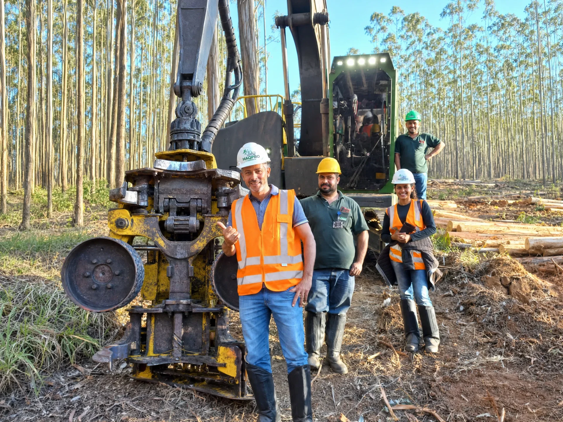 Equipe MaqPro e operadores ao lado do cabeçote de colheita