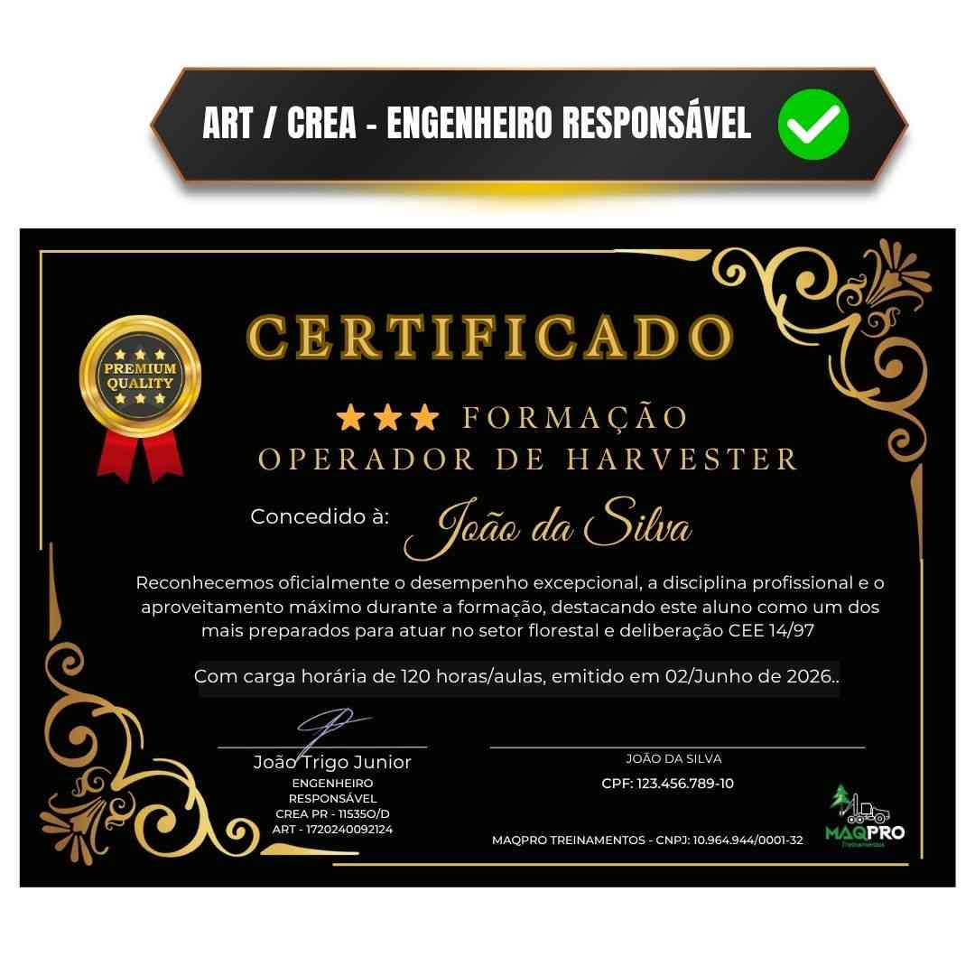 Certificado oficial de Operador de Harvester emitido pela MaqPro